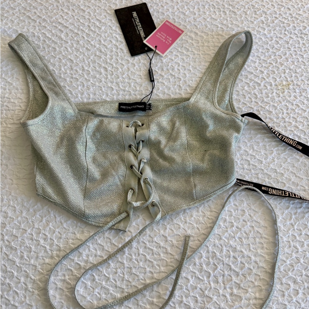 PrettyLittleThing Glittery Silver Top